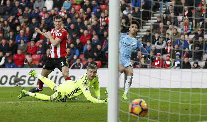 Pha dứt điểm nâng tỷ số lên 2-0 cho M.C của Sane. Ảnh: Reuters Pha dứt điểm nâng tỷ số lên 2-0 cho M.C của Sane. Ảnh: Reuters