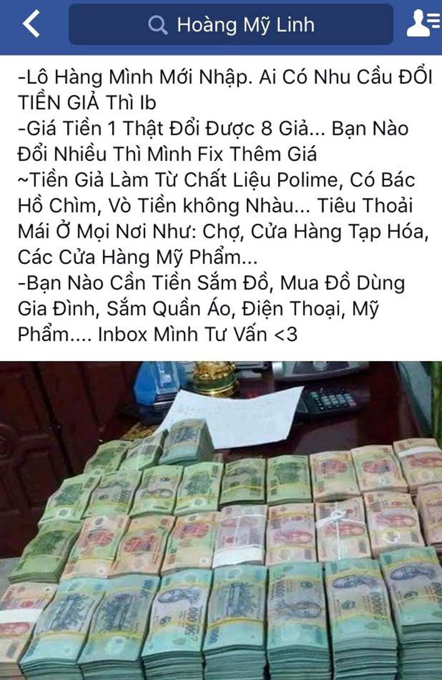  Ảnh chụp từ màn hình điện thoại một số tin rao bán tiền giả trên các nhóm bán hàng.
