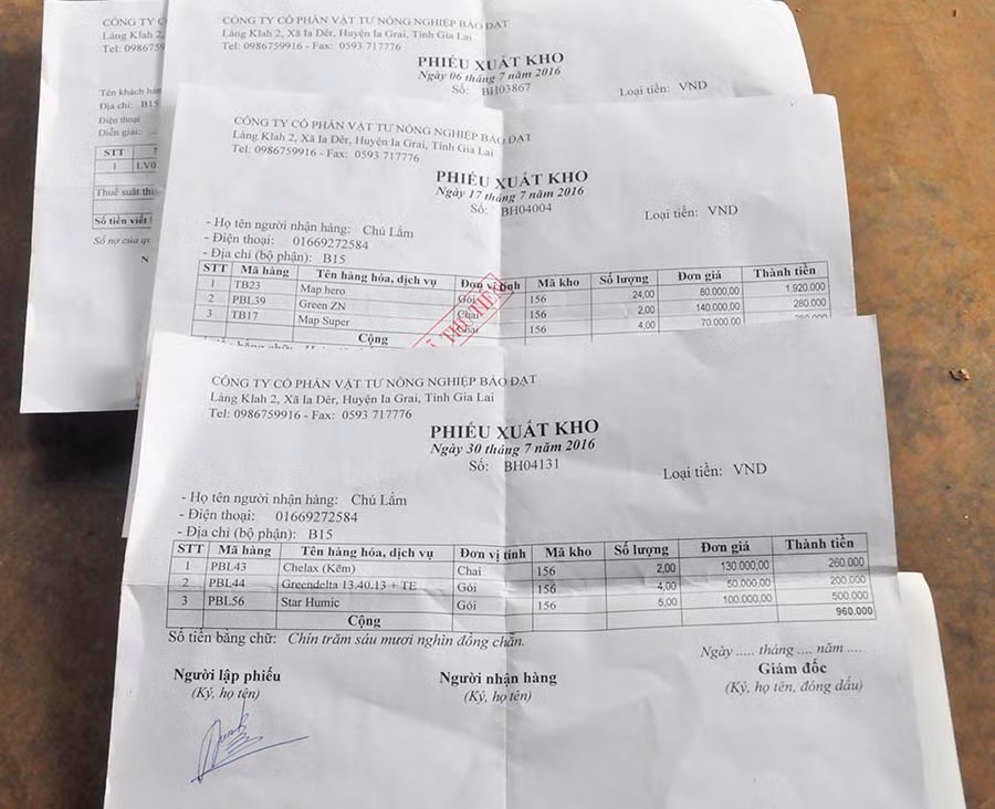Hóa đơn mua thuốc từ Công ty Cổ phần vật tư Nông nghiệp Bảo Đạt Ảnh: Mai Ka