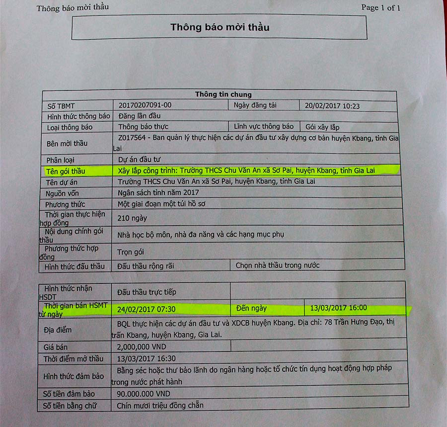 Mẫu thông báo mời thầu trên mạng đấu thầu không có mục số điện thoại liên hệ được Ban QLDA huyện Kbang đưa ra. Ảnh: Hồng Thi Mẫu thông báo mời thầu trên mạng đấu thầu không có mục số điện thoại liên hệ được Ban QLDA huyện Kbang đưa ra. Ảnh: Hồng Thi