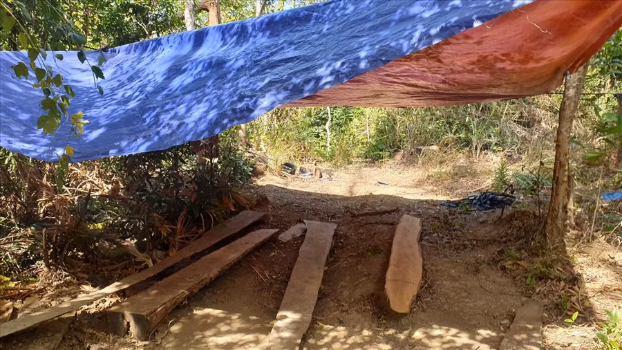 Hình ảnh tại nhà Phân trường 1 do Cty Chư Phả quản lý và một lán trại của lâm tặc. Thời điểm PV có mặt, những nơi này đều không có người xuất hiện. Ảnh: HL