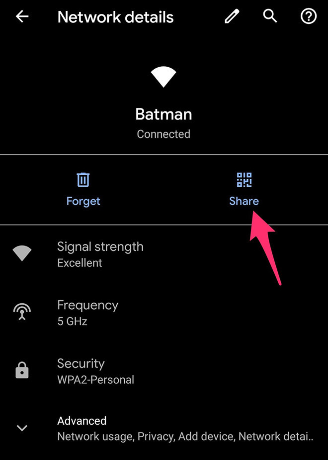 Nhấp vào nút Share để chia sẻ mạng Wi-Fi với ai đó - Ảnh chụp màn hình Nhấp vào nút Share để chia sẻ mạng Wi-Fi với ai đó - Ảnh chụp màn hình