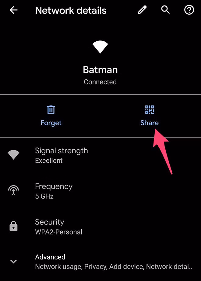 Nhấp vào nút Share để chia sẻ mạng Wi-Fi với ai đó - Ảnh chụp màn hình