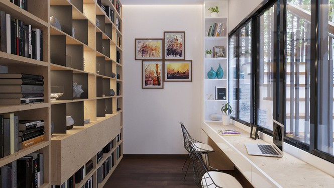 Phòng làm việc hướng ra bên ngoài được bảo vệ bằng cửa sổ kính để đảm bảo an toàn.