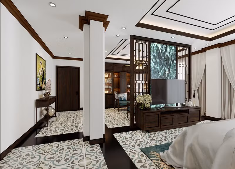 Phòng khách ngăn với phòng ngủ bằng cửa trượt gỗ, có thể đóng mở theo nhu cầu của chủ sở hữu.