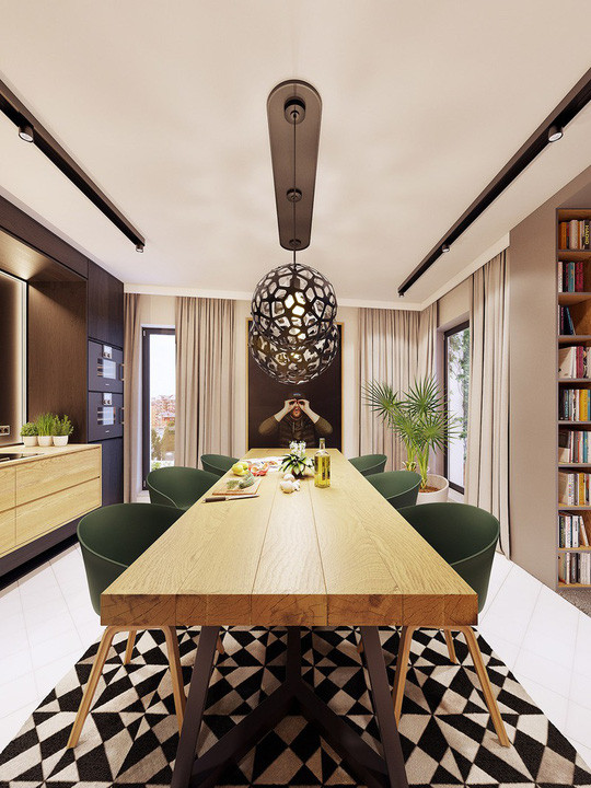 Thảm màu đen, trắng đánh dấu khu vực bàn ăn so với lối đi và tủ bếp. Thảm màu đen, trắng đánh dấu khu vực bàn ăn so với lối đi và tủ bếp.