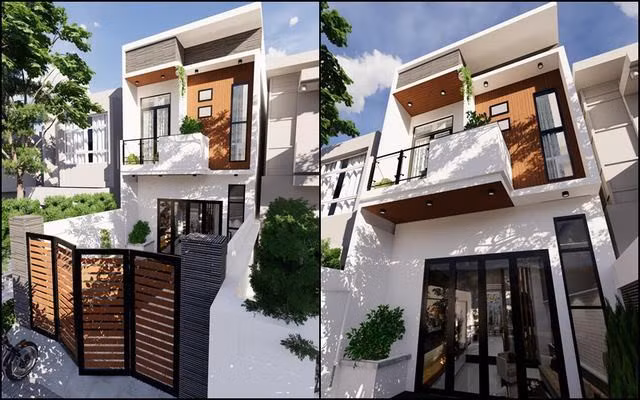  Mẫu nhà 2 tầng 3 phòng ngủ này có thiết kế đơn giản nhưng vẫn không kém phần nổi bật, phù hợp với gia đình 4 – 5 người. Ngôi nhà có sân ngoài để ô tô, vừa tiện dụng vừa tạo không gian thoáng đãng. Những góc chết dư ra so với diện tích để ô tô có thể trang trí sân vườn, cây cảnh để tăng tính thẩm mỹ.