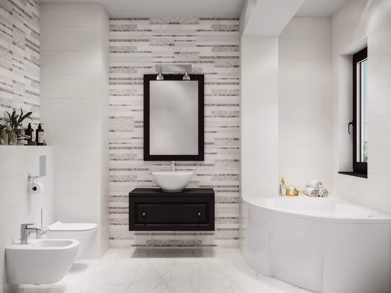 Bồn tắm cắt góc biến phòng tắm trở nên độc đáo hơn.