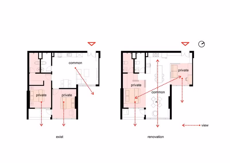 Giải pháp cải tạo là phá bỏ các bức tường, di chuyển không gian sống đến vị trí trung tâm của căn hộ. 2 phòng ngủ ở hai bên được ngăn cách bằng các bức tường trượt bằng gỗ, có thể mở và đóng khi cần thiết. Giải pháp cải tạo là phá bỏ các bức tường, di chuyển không gian sống đến vị trí trung tâm của căn hộ. 2 phòng ngủ ở hai bên được ngăn cách bằng các bức tường trượt bằng gỗ, có thể mở và đóng khi cần thiết.