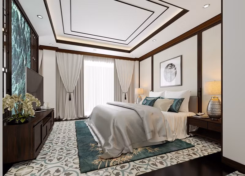 Phòng ngủ thoáng mát với khoảng không gian khá rộng. Hệ cửa sổ cũng góp nguồn gió tự nhiên cho công trình.