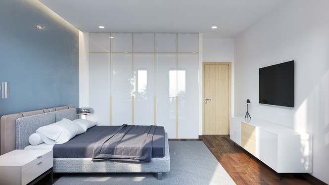 Tủ quần áo âm tường, cửa tủ phủ gương bóng mờ nhằm bắt sáng tốt nhất.