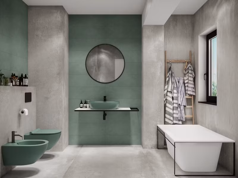 Phòng tắm màu xanh bạc hà mát mẻ.