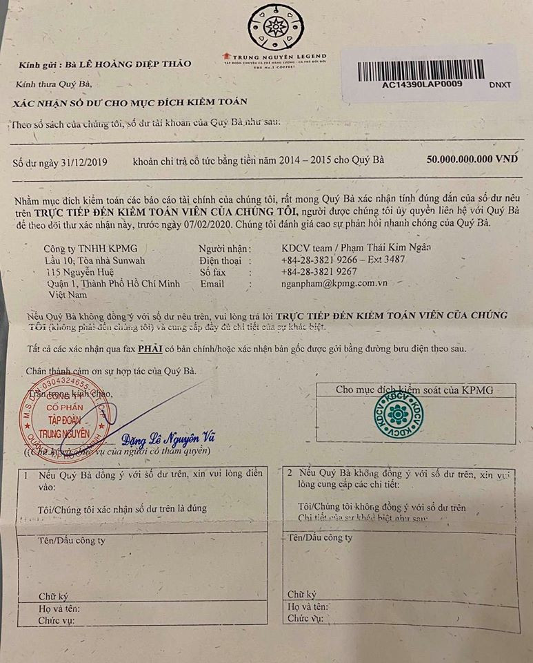  Văn bản kiểm toán bà Lê Hoàng Diệp Thảo nhận được vào ngày 27/2/2020 (FB nhân vật)