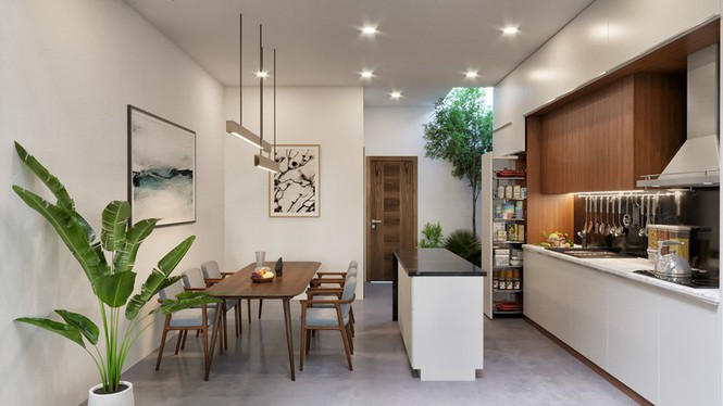 Việc nấu nướng sẽ không ảnh hưởng đến các phòng khác nhờ có giếng trời thông mùi và các loại cây xanh lọc bớt khói.