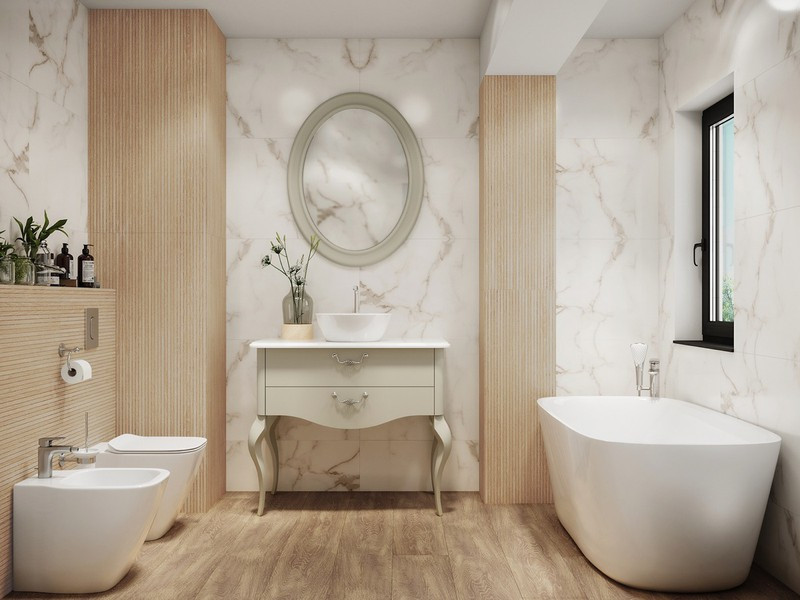 Bức tường tre tự nhiên mang đến cho phòng tắm một bầu không khí thanh bình. Bức tường tre tự nhiên mang đến cho phòng tắm một bầu không khí thanh bình.