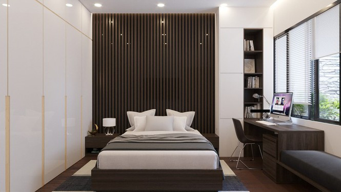 Phòng ngủ cậu con trai gia chủ đặt ở tầng 3 sử dụng nội thất hiện đại, bố trí khoa học.