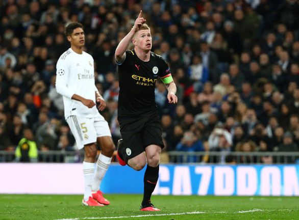 De Bruyne ăn mừng bàn thắng nâng tỉ số lên 2-1 cho Man City - Ảnh: REUTERS De Bruyne ăn mừng bàn thắng nâng tỉ số lên 2-1 cho Man City - Ảnh: REUTERS