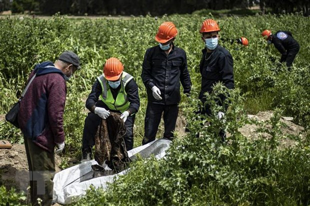 Lực lượng dân phòng địa phương điều tra bên các hố chôn tập thể ở Raqa, Syria, ngày 3/7/2019. (Nguồn: AFP/TTXVN)