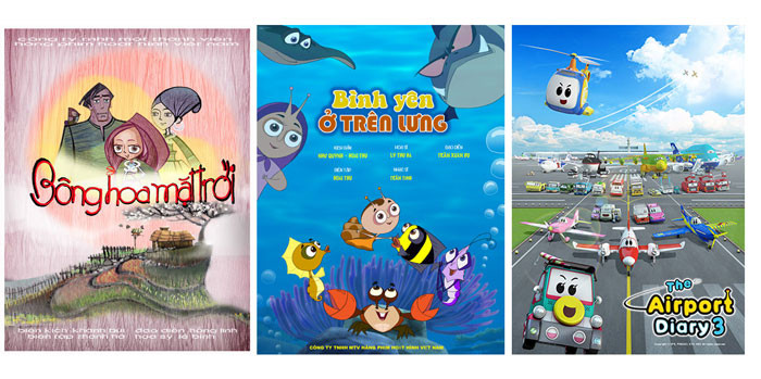 Poster phim hoạt hình (từ trái qua): Bông hoa mặt trời, Bình yên ở trên lưng, Airport Diary 3. Poster phim hoạt hình (từ trái qua): Bông hoa mặt trời, Bình yên ở trên lưng, Airport Diary 3.