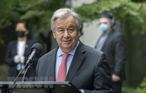 Tổng Thư ký Liên hợp quốc Antonio Guterres phát biểu tại buổi lễ. (Ảnh: Hữu Thanh/TTXVN)