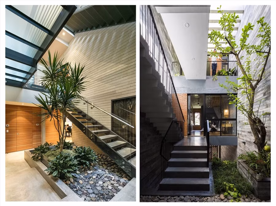 Trồng cây tại khu vực giếng trời tạo mảng xanh hút mắt. Đồ họa: Thiều Trang