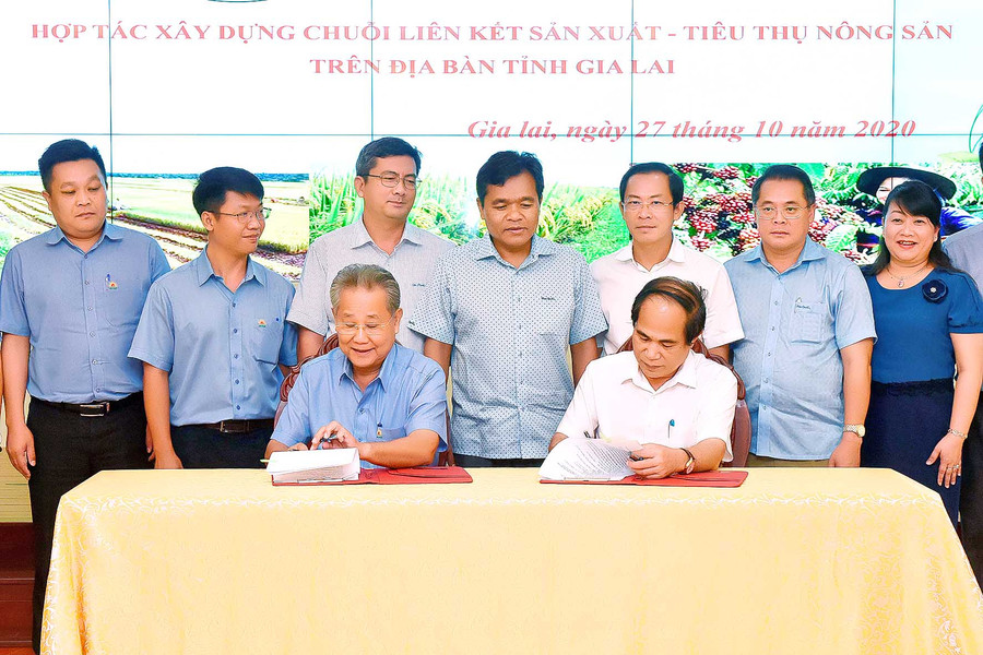 Lãnh đạo tỉnh và Tập đoàn Lộc Trời ký kết bản ghi nhớ chương trình hợp tác xây dựng chuỗi liên kết sản xuất-tiêu thụ nông sản trên địa bàn tỉnh. Ảnh: Đức Thụy