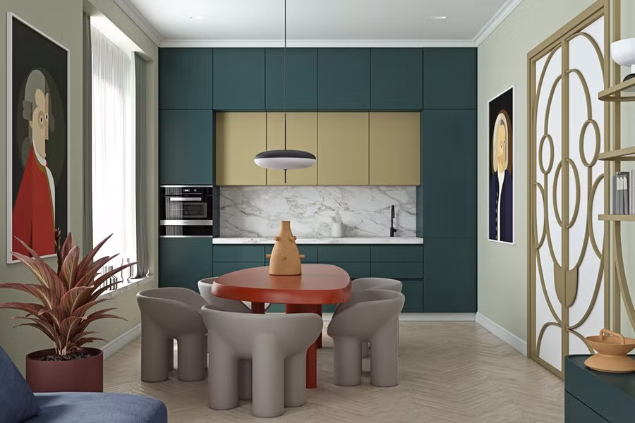 Màu xanh đậm và nhạt kết hợp khá hài hòa trong cùng một không gian bếp.