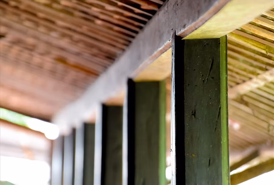  7 Bộ khung nhà được kết cấu rất vững chãi, các cột làm bằng gỗ căm xe nên rất chắc chắn. Từng cột được xếp thành hàng dài song song theo chiều dọc và chiều ngang đứng chịu lực, ráp nối khít với thân kèo, đòn tay.