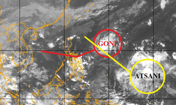 Sơ đồ đường đi hai cơn bão trên Thái Bình Dương.