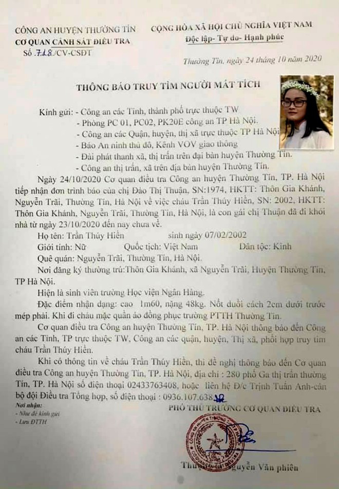 Công an H.Thường Tín phát thông báo tìm kiếm nữ sinh.