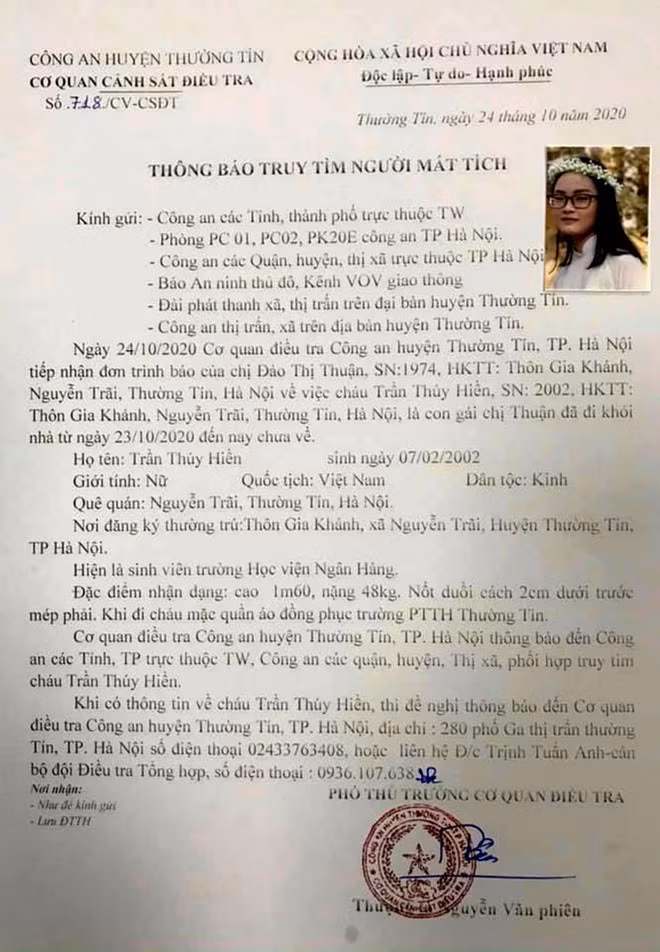 Công an H.Thường Tín phát thông báo tìm kiếm nữ sinh.