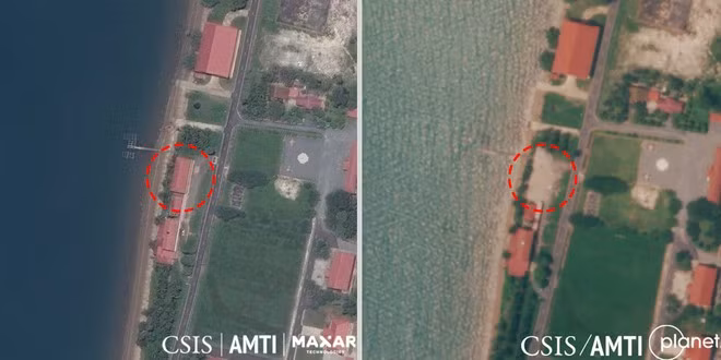  So sánh hình chụp vệ tinh ngày 22.8 (trái) và ngày 1.10 (phải) thì một cơ sở do Mỹ xây dựng ở Ream đã bị phá dỡ. Ảnh: AMTI