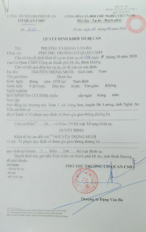 Quyết định khởi tố bị can của cơ quan điều tra.