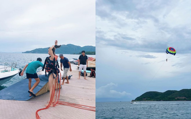 Diệp Lâm Anh hào hứng chơi trò nhảy dù. ẢNH: FBNV