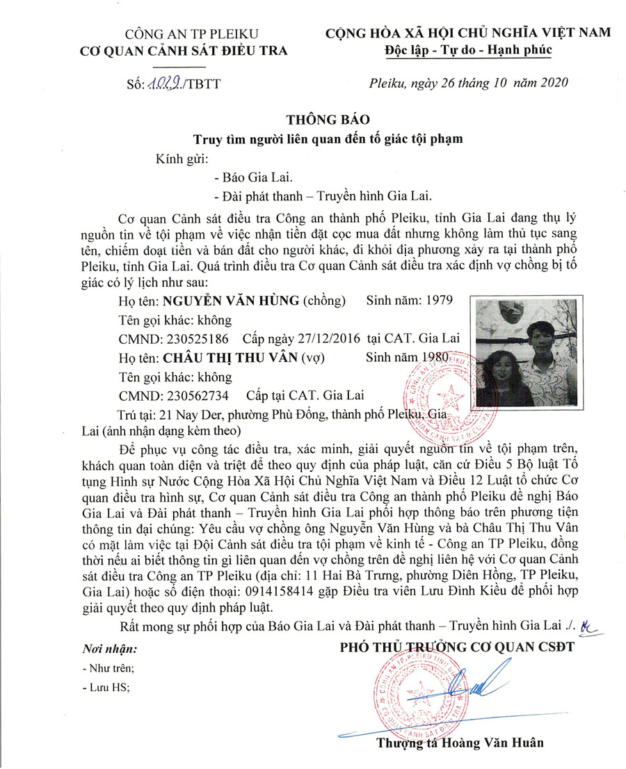 Cơ quan Cảnh sát Điều tra Công an TP. Pleiku thông báo truy tìm người liên quan đến tố giác tội phạm ảnh 1
