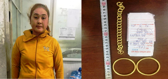 Bắt nữ nghi phạm chuyên đem vàng dỏm đến tiệm cầm đồ để lừa đảo ảnh 1 Dương Thị Bích Liên và số vàng dỏm đem cầm.