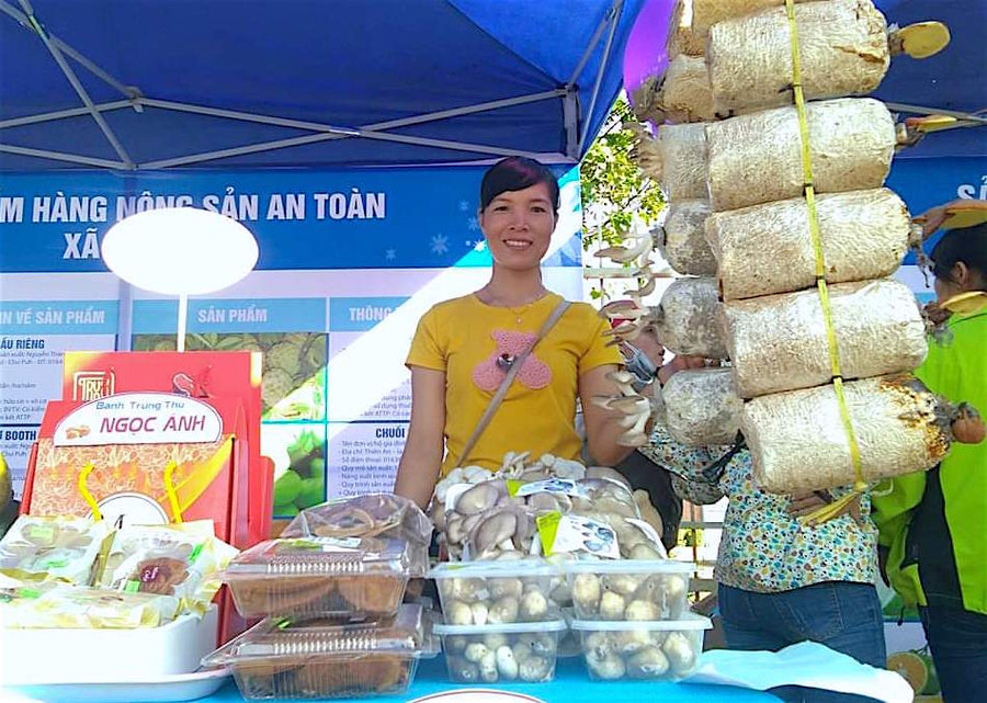 Chị Trần Thị Giơn thường xuyên tham gia các hội chợ để tìm kiếm cơ hội quảng bá, giới thiệu sản phẩm. Ảnh: Mộc Trà