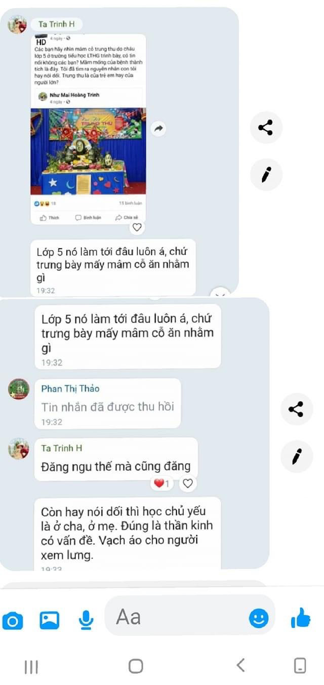 Bức ảnh chụp đoạn hội thoại trên zalo có lời lẽ của cô Trinh được cho là xúc phạm phụ huynh