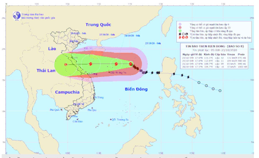 Bản đồ dự báo hướng đi của bão sáng 23-10 - Nguồn: Trung tâm Dự báo KTTV quốc gia Bản đồ dự báo hướng đi của bão sáng 23-10 - Nguồn: Trung tâm Dự báo KTTV quốc gia