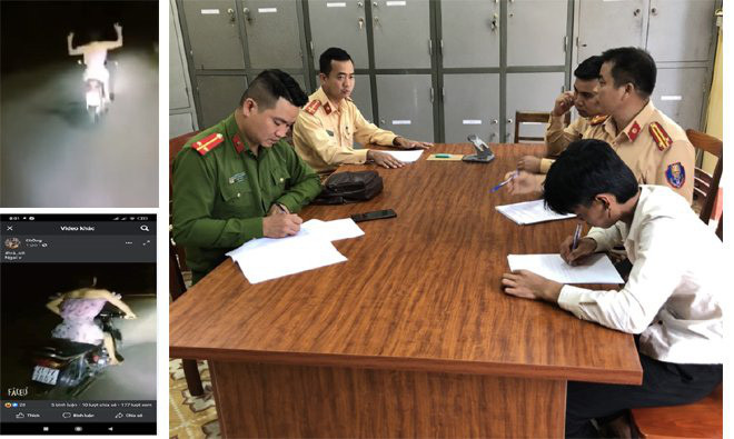 Cảnh nam thanh niên mặc váy hồng lái xe buông 2 tay và bị công an triệu tập xử lý