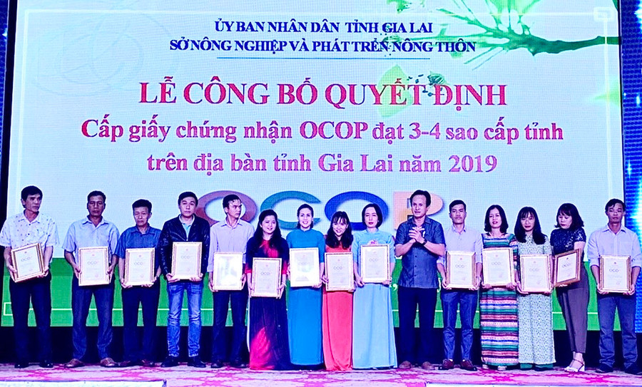 Trao chứng nhận sản phẩm OCOP năm 2019 cho các doanh nghiệp, hợp tác xã và hộ kinh doanh trên địa bàn tỉnh. Ảnh: Lê Nam Trao chứng nhận sản phẩm OCOP năm 2019 cho các doanh nghiệp, HTX và hộ kinh doanh trên địa bàn tỉnh. Ảnh: Lê Nam