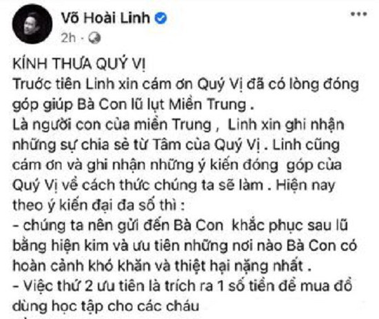 Nghệ sĩ Hoài Linh kêu gọi cứu trợ đồng bào miền Trung.