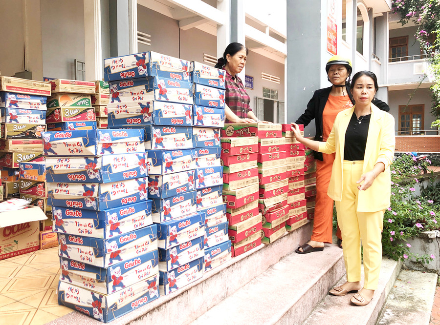 Hội LHPN thị xã An Khê tiếp nhận hàng hỗ trợ người dân vùng lũ. Ảnh: Ngọc Minh