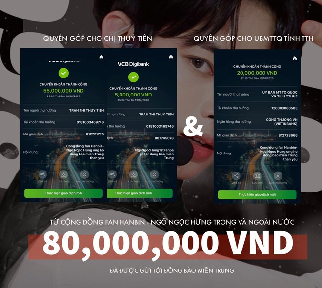 Fan quốc tế ủng hộ sao Việt đóng góp cho miền Trung ảnh 2 Fan Hanbin đóng góp cho người dân đang chống chọi với bão lũ.