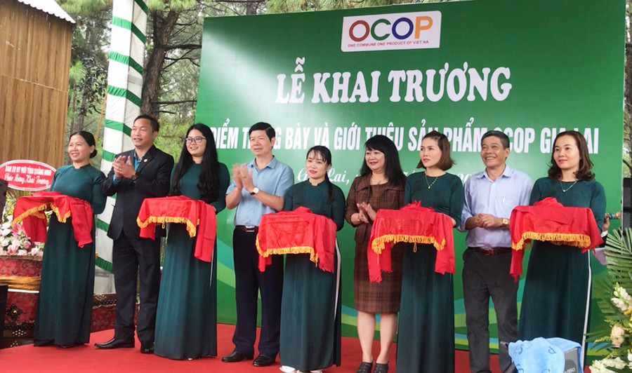  Cắt băng khai trương điểm trưng bày và giới thiệu sản phẩm OCOP Gia Lai. Ảnh: Vũ Thảo