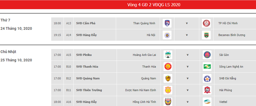 Lịch thi đấu lượt trận thứ 4 giai đoạn 2 V.League 2020. Ảnh: Chụp màn hình.