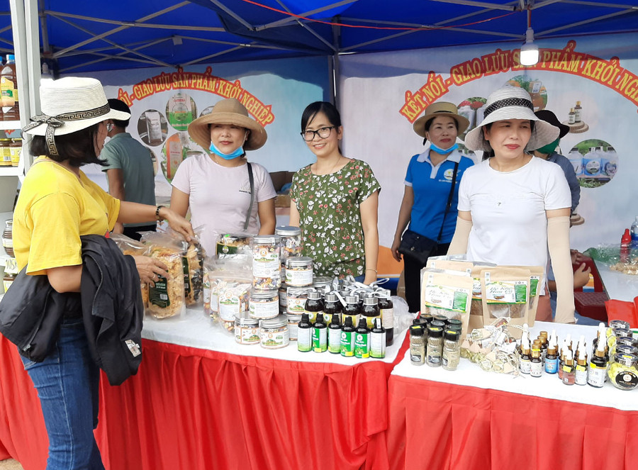 Chị Bình (giữa) tham gia Ngày hội Kết nối-Giao lưu sản phẩm khởi nghiệp tại huyện Chư Prông (ảnh do nhân vật cung cấp)