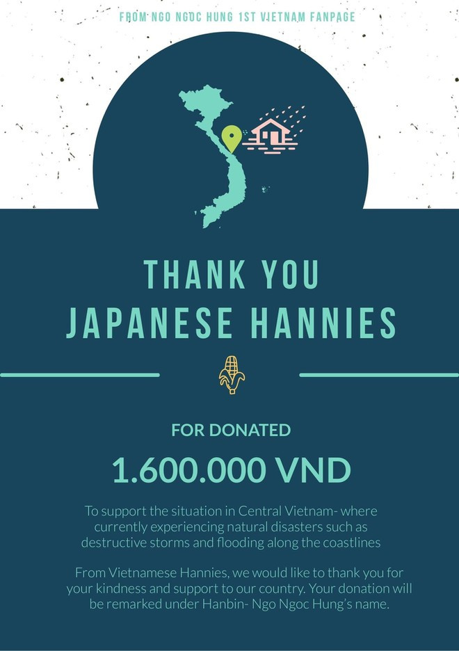 Fan quốc tế ủng hộ sao Việt đóng góp cho miền Trung ảnh 3 Fan Việt Nam của Hanbin gửi lời cảm ơn đến cộng đồng người hâm mộ Nhật Bản.
