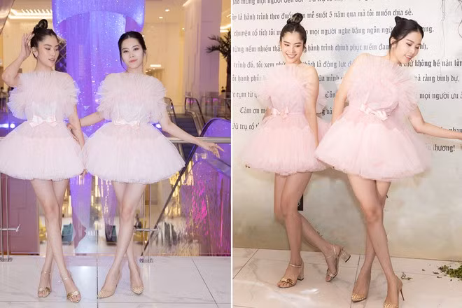  Trong thiết kế đầm ngắn xòe màu hồng pastel ngọt ngào, chị em Nam Anh - Nam Em trở nên nổi bật và khác biệt. Sau thời gian dài đối mặt với trở ngại tâm lý, Nam Em tự tin trở lại với hoạt động nghệ thuật. Người đẹp từng tuyên bố sẽ sống tích cực hơn để đáp lại tình cảm của khán giả. Trên thảm đỏ, cả hai thể hiện nhiều kiểu tạo dáng, thậm chí, Nam Anh - Nam Em không ngại hóa thân thành hai vũ công ba lê trước ống kính.