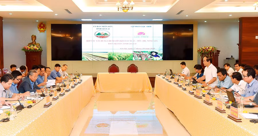 Quang cảnh buổi làm việc của lãnh đạo tỉnh Gia Lai và Tập đoàn Lộc Trời xây dựng chuỗi liên kết tiêu thụ sản phẩm. Ảnh: Đức Thụy